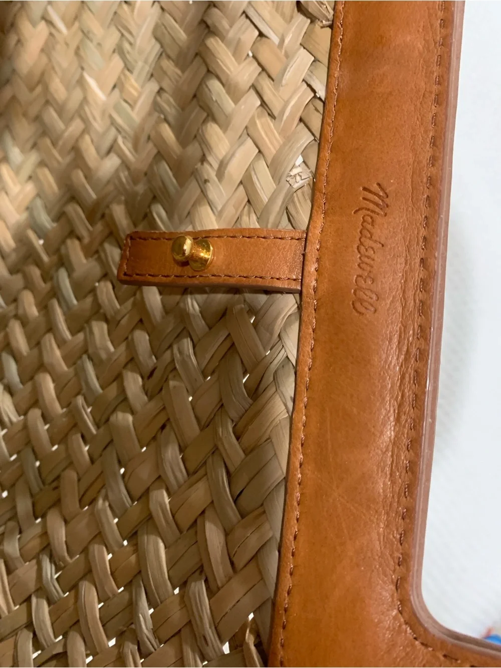 Woven Straw Tote Bag with Tan Leather Trim - Picture 5 of 10